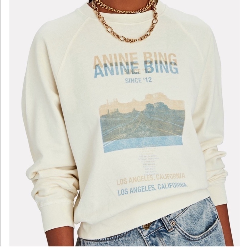Anine Bing Cream Graphic Logo Crewneck Sweatshirt
